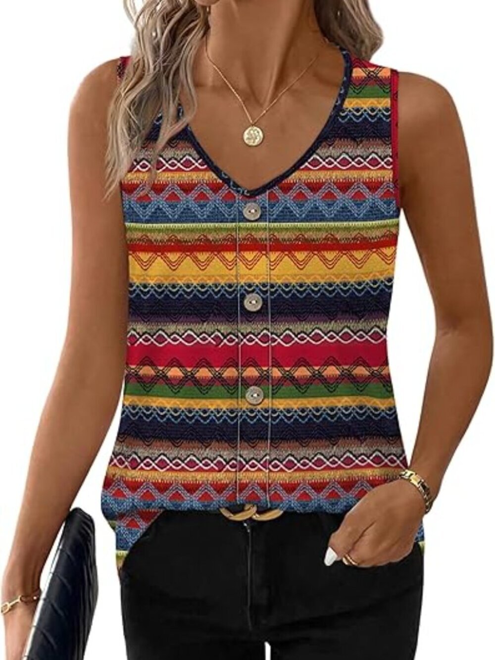 Women's Stripe Tank Top Loose Casual Summer Eyelet V Neck Basic Sleeveless Shirt